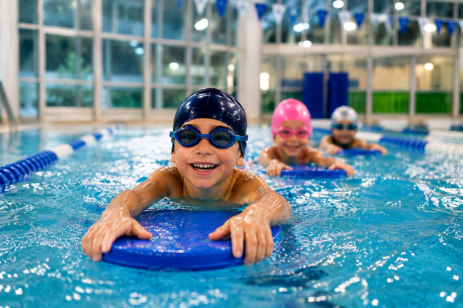Bambini con tavoletta in piscina